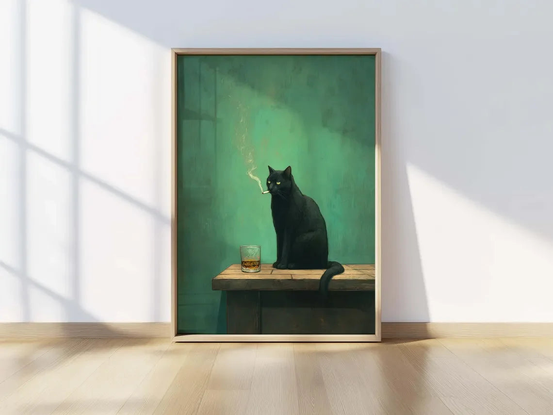 Black Cat Smoking a Cigarette Poster, Vintage Print, Whimsical Wall Art, Funny Animal Art, Poster for Bar Cart, Quirky Kitchen W