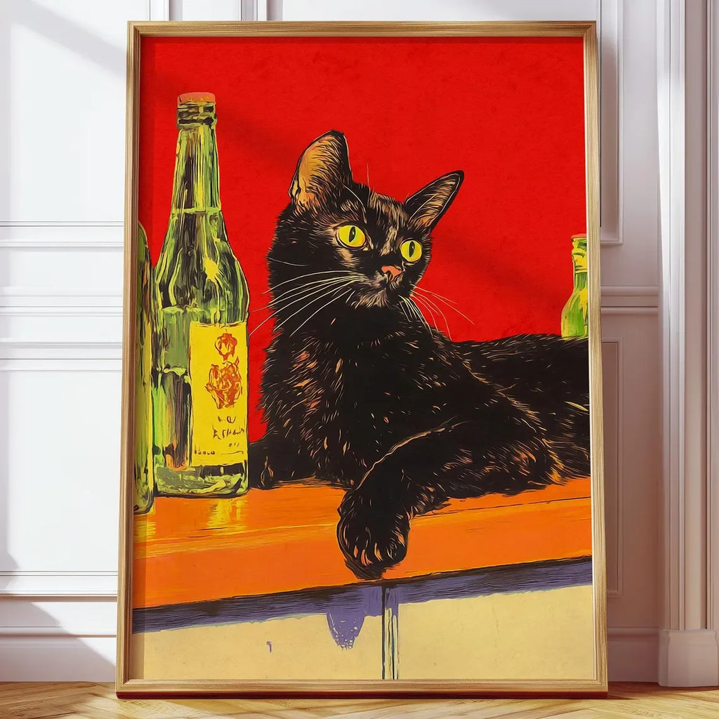 Black Cat Smoking a Cigarette Poster, Vintage Print, Whimsical Wall Art, Funny Animal Art, Poster for Bar Cart, Quirky Kitchen W