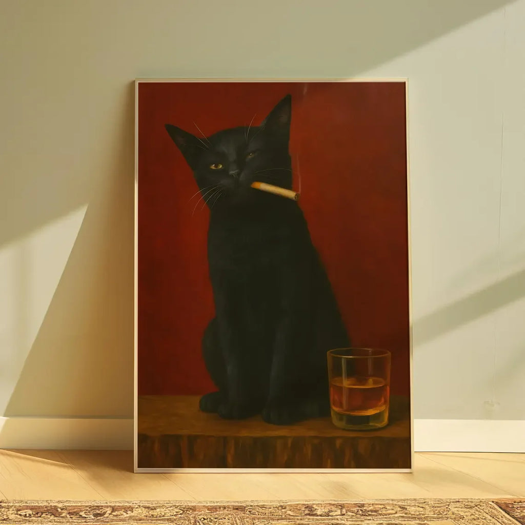 Black Cat Smoking a Cigarette Poster, Vintage Print, Whimsical Wall Art, Funny Animal Art, Poster for Bar Cart, Quirky Kitchen W