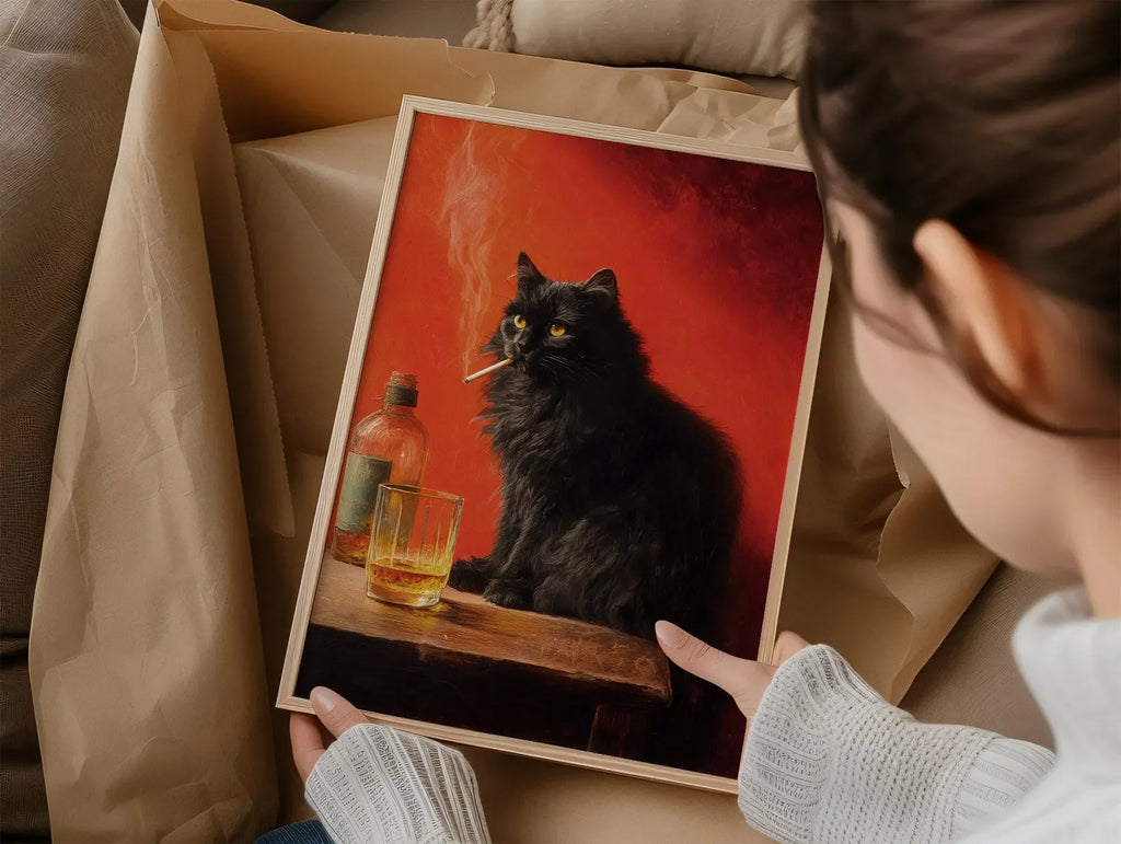 Black Cat Smoking a Cigarette Poster, Vintage Print, Whimsical Wall Art, Funny Animal Art, Poster for Bar Cart, Quirky Kitchen W
