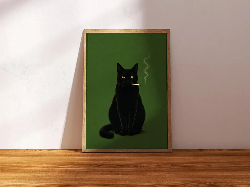 Black Cat Smoking a Cigarette Poster, Vintage Print, Whimsical Wall Art, Funny Animal Art, Poster for Bar Cart, Quirky Kitchen W