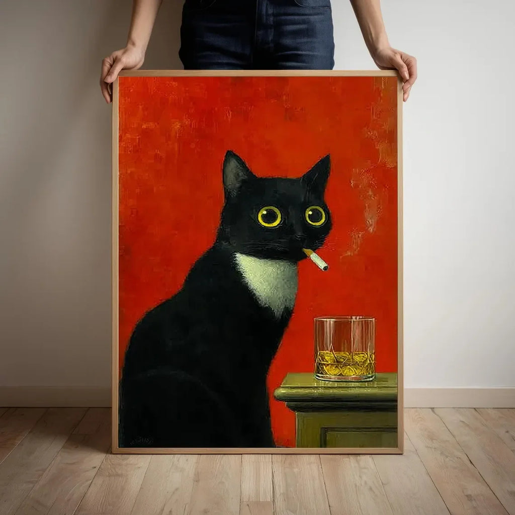 Black Cat Smoking a Cigarette Poster, Vintage Print, Whimsical Wall Art, Funny Animal Art, Poster for Bar Cart, Quirky Kitchen W
