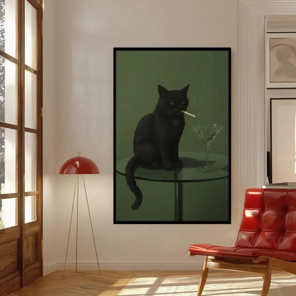 Black Cat Smoking a Cigarette Poster, Vintage Print, Whimsical Wall Art, Funny Animal Art, Poster for Bar Cart, Quirky Kitchen W